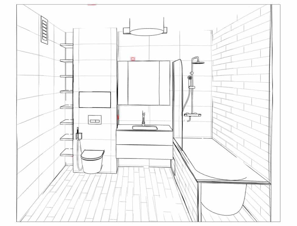 Dessin technique projet rénovation salle de bain Lyon image de perspective