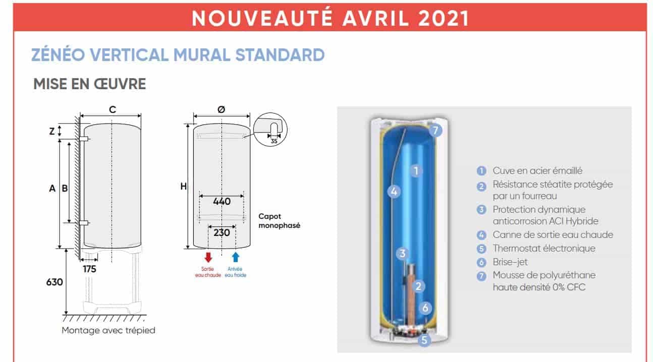 Nouveauté 2021 chauffe-eau électrique Atlantic Chauffeo Plus 100l stéatite vertical mural diamètre 513mm mono réf. 053015