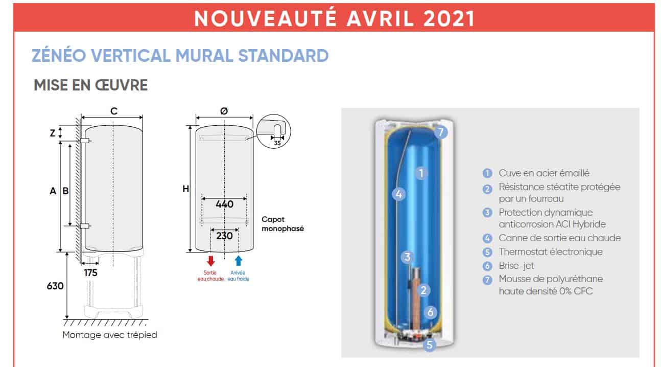 Nouveauté avril 2021 chauffe-eau électrique Atlantic Zeneo 75l aci hybride vertical mural diamètre 513mm 1200W Mono réf. 153108