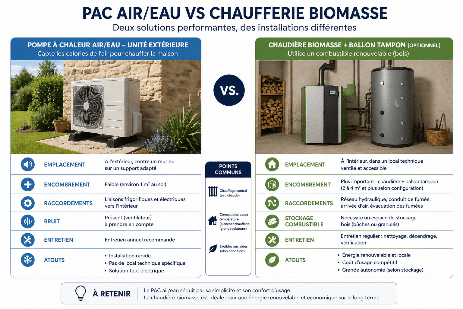Contraintes d’installation - espace requis pour une PAC et pour une chaudière biomasse