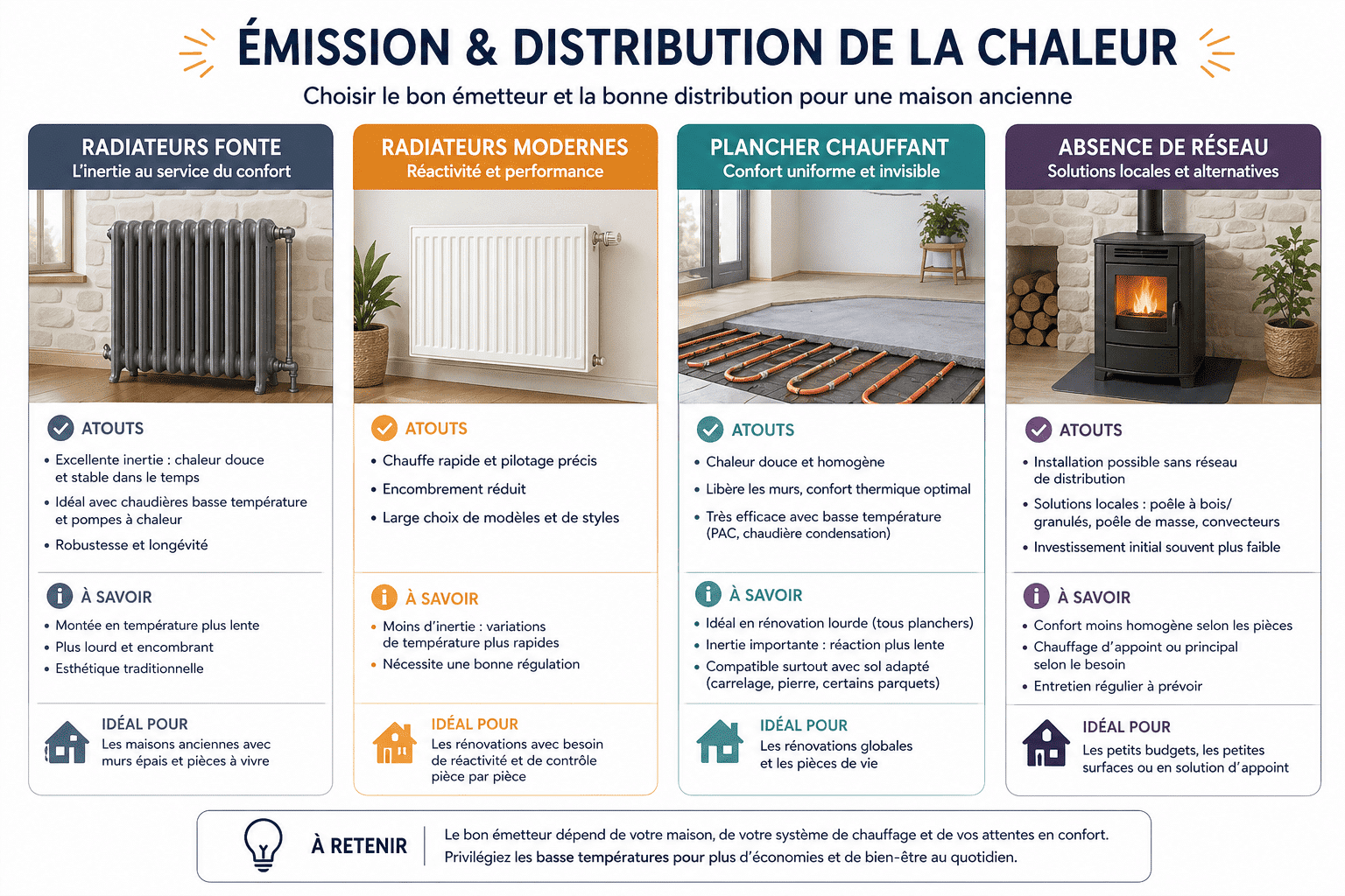 Influence des émetteurs (radiateurs, plancher) sur le choix du chauffage en maison ancienne